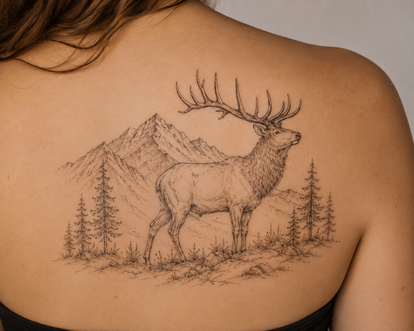 Fine line elk shoulder tattoo with mountain scenery